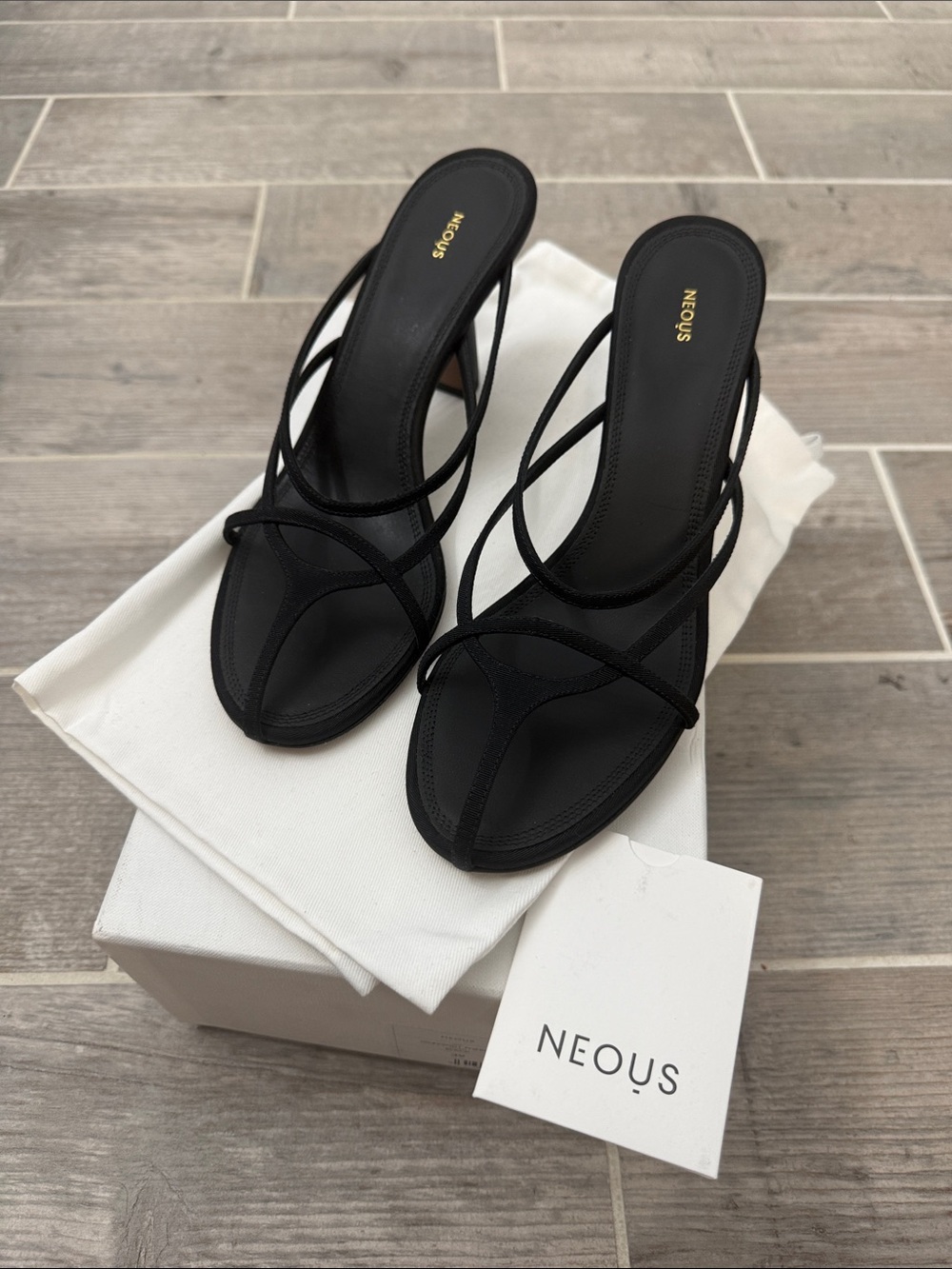 NEOUS Black Strappy Heeled Slide Sandals